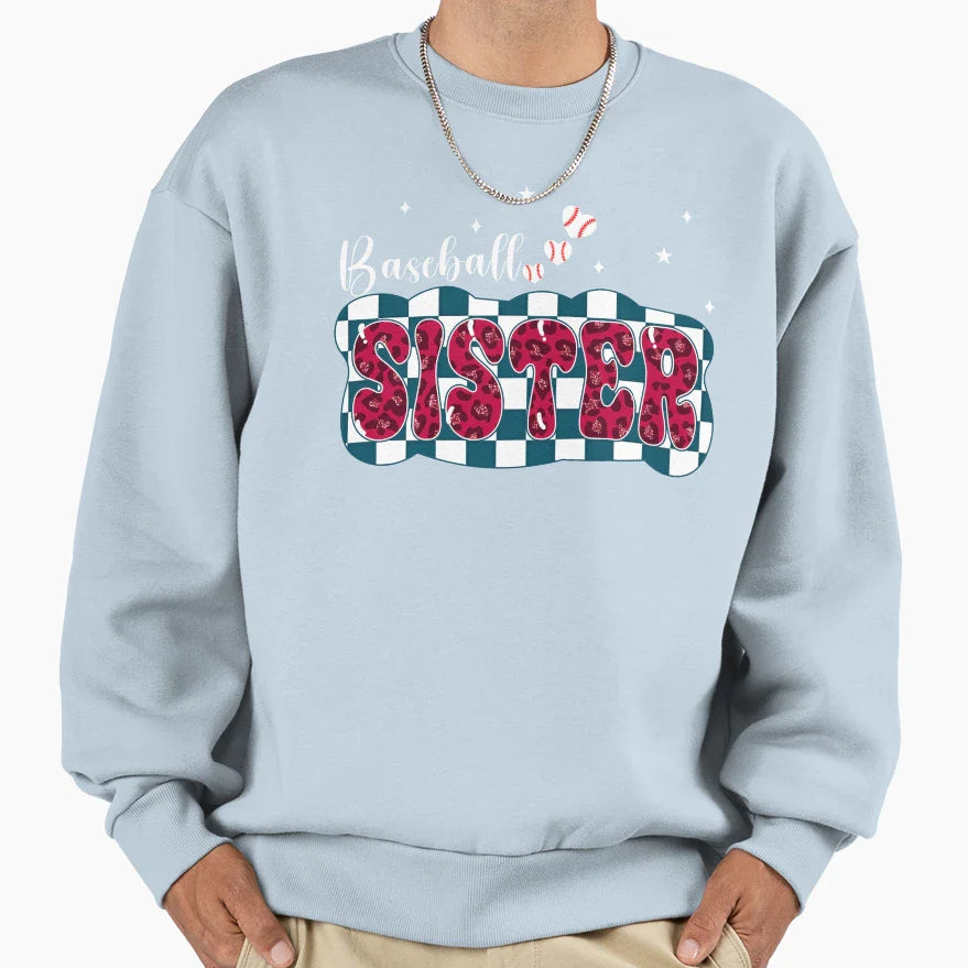 Baseball Sister Checkered Leopard Sweatshirt - Aesthetic Graphic for Adults