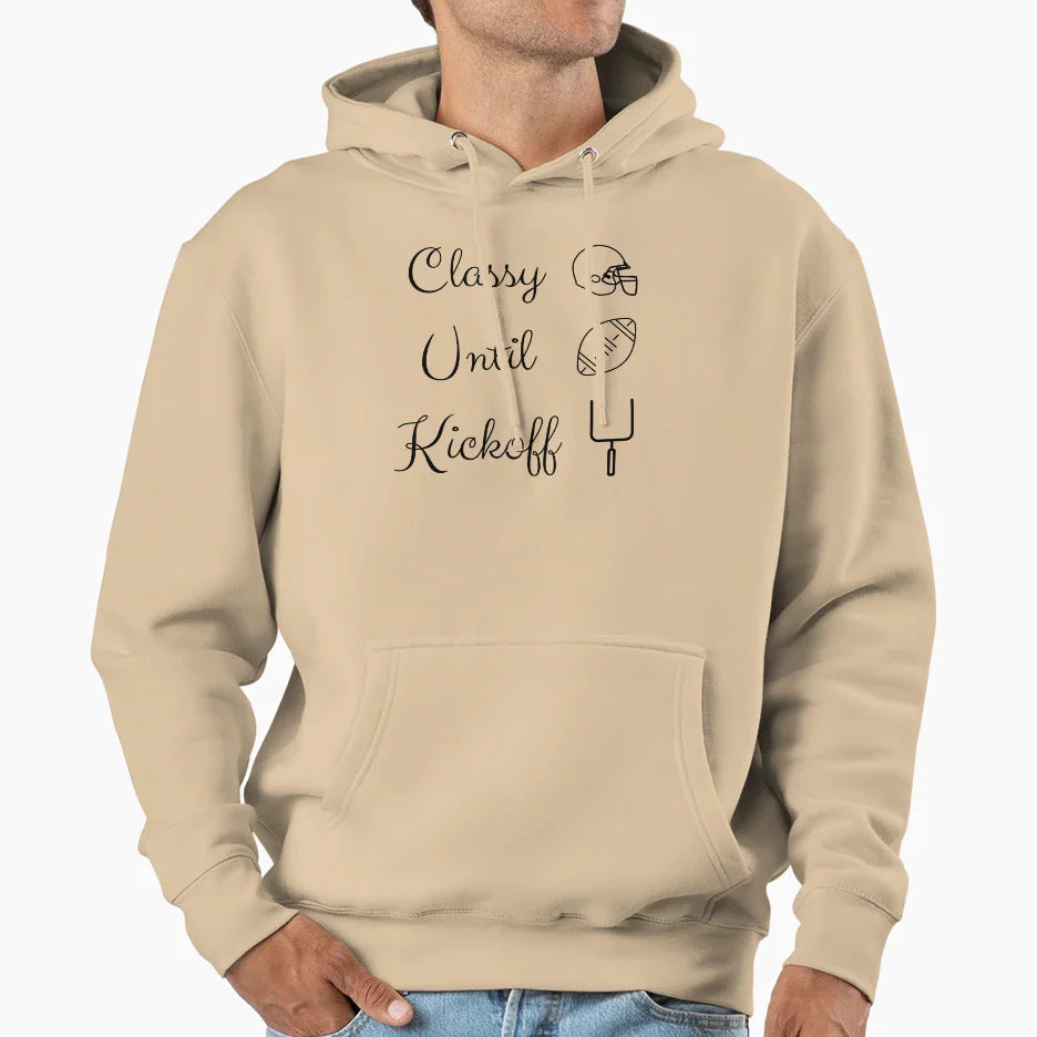 Classy Until Kickoff Mom Football Tees Hoodie - Trendy Graphic for Adults