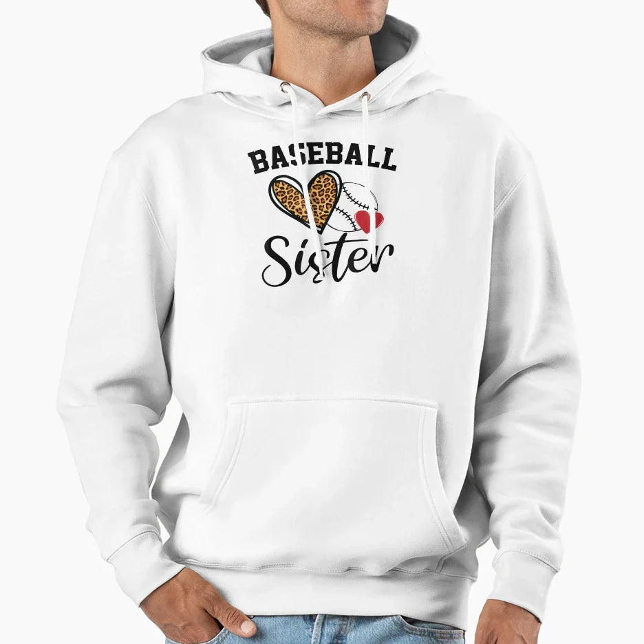 Baseball Sister Leopard Heart Funny Hoodie - Fun Novelty Design for Adults