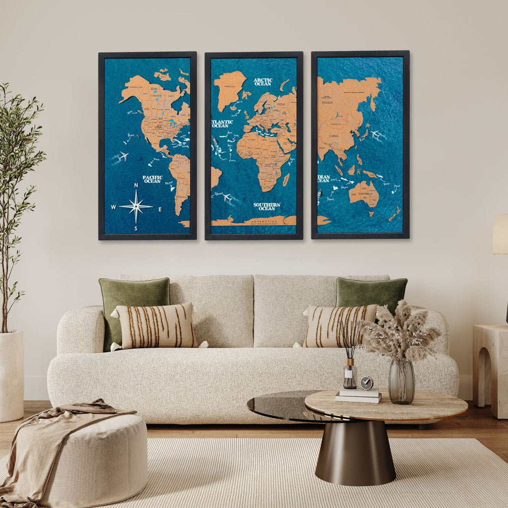 Cork world map triptych - Black