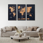 Cork world map triptych - Black