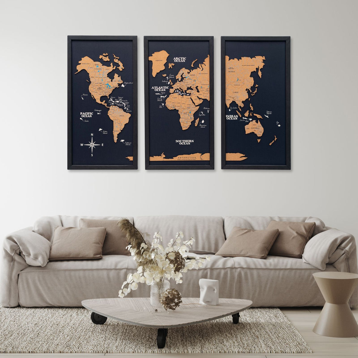 Cork world map triptych - Black