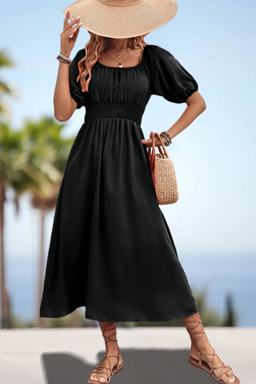 Square Neck Smocked Waist Puff Sleeve Midi Dress