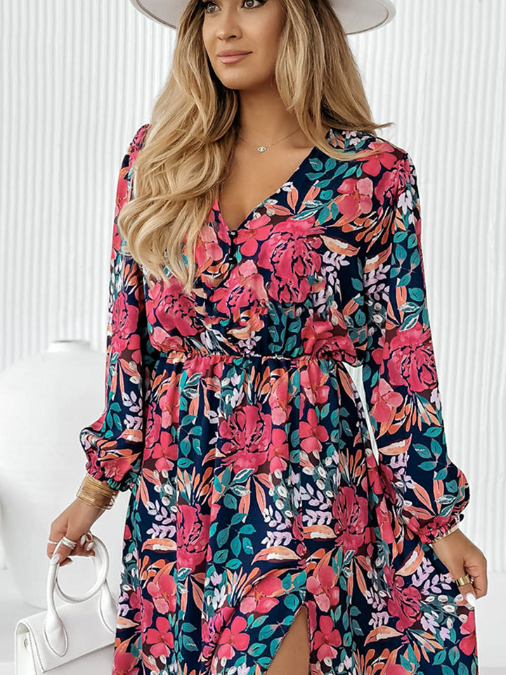 Printed Long Sleeve Slit Dress