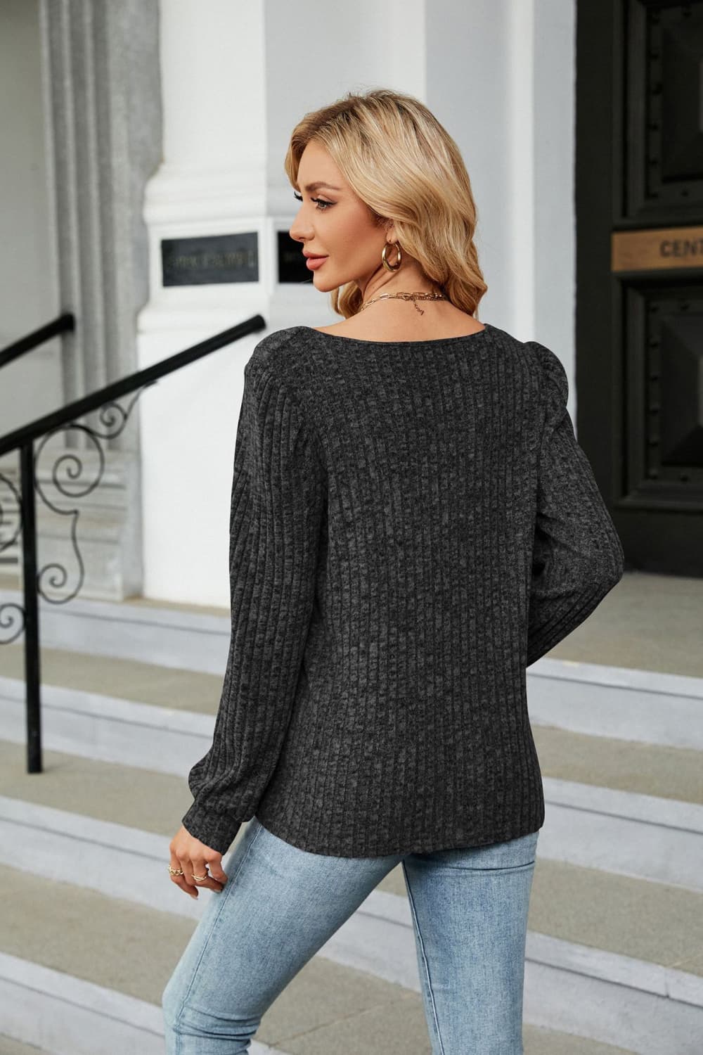 Ribbed Square Neck Long Sleeve T-Shirt