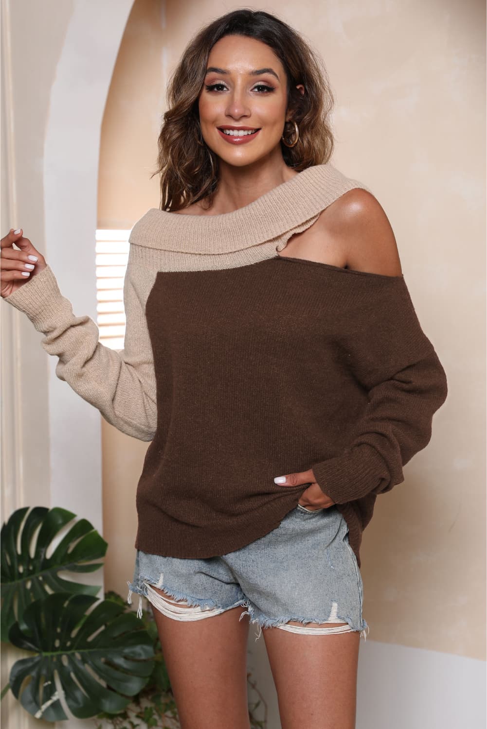 Asymmetrical Long Sleeve Two-Tone Cutout Sweater