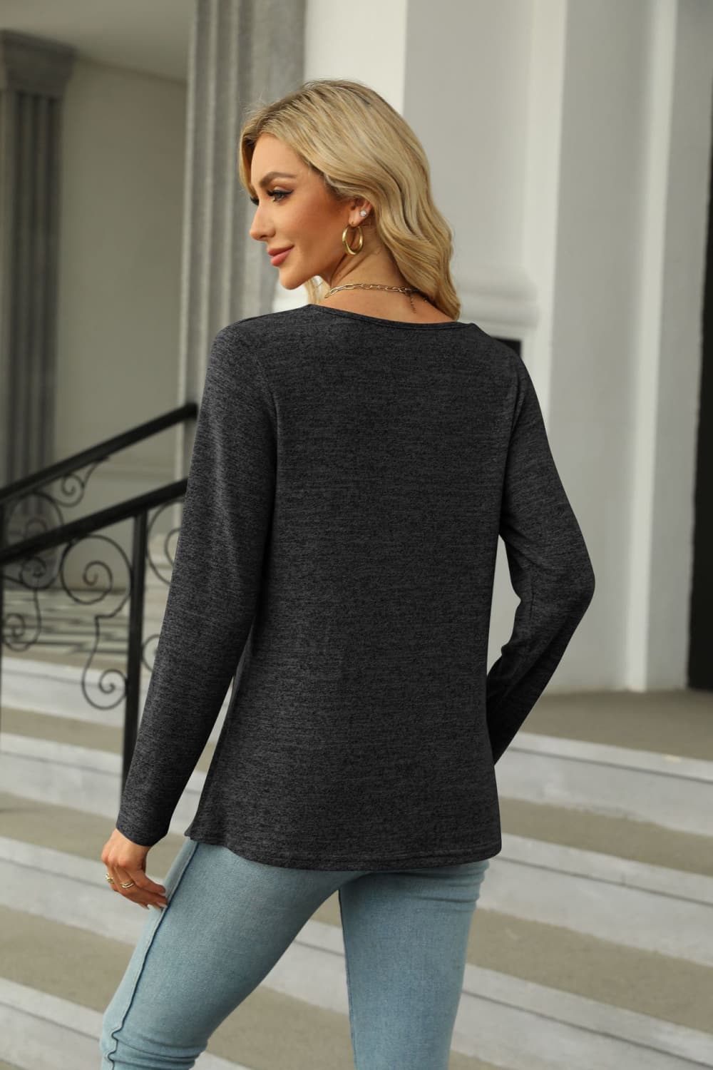 Square Neck Long Sleeve Slit T-Shirt