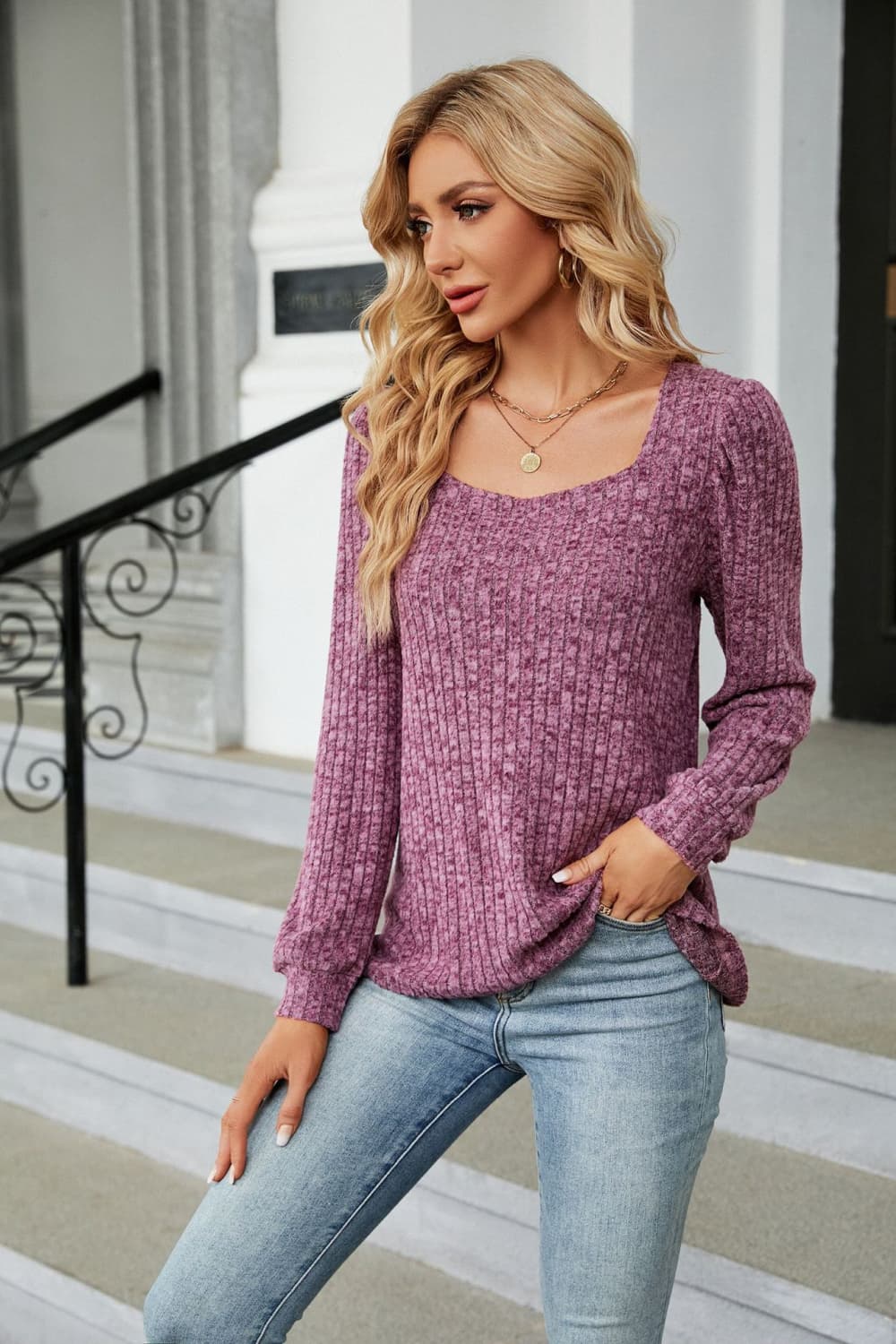 Ribbed Square Neck Long Sleeve T-Shirt