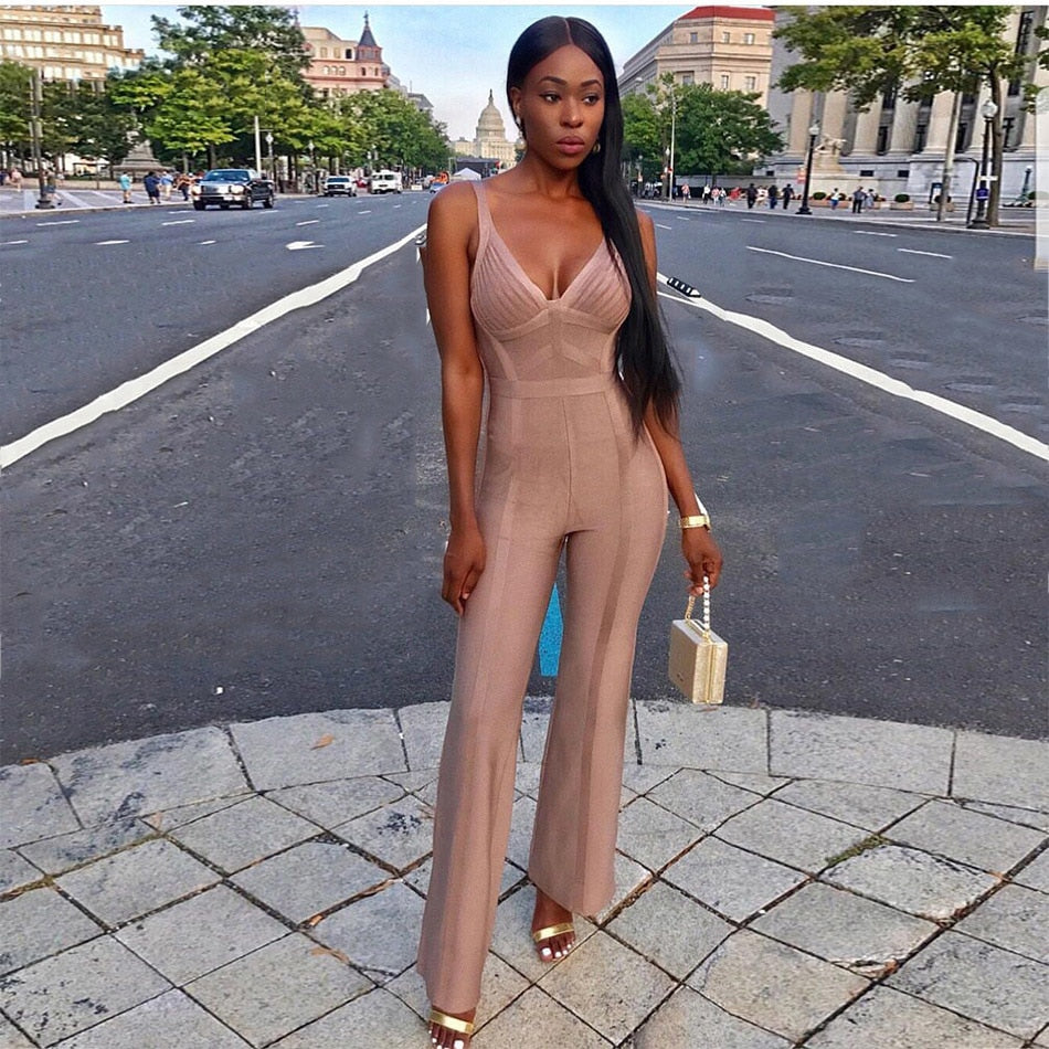 Bandage Jumpsuits Women Sleeveless Boot Cut Rompers Long Bodysuits