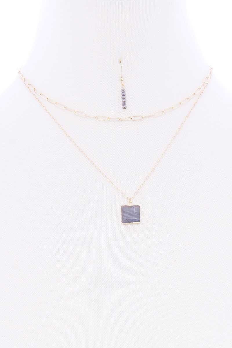 2 Layered Chain Metal Square Marbling Stone Pendant Necklace