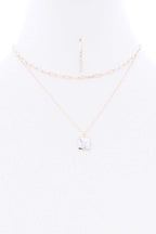 2 Layered Chain Metal Square Marbling Stone Pendant Necklace