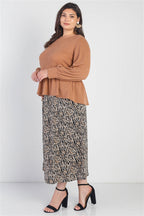 Plus Caramel Waffle Knit Back Button Detail Long Sleeve Top
