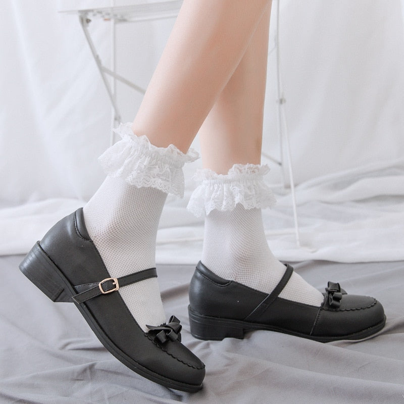 Aiertu  Women Lace Mesh Black White Cotton Socks Lolita Style Japanese Maiden Lovely Short Socks Harajuku Frilly Ruffle Princess Socks