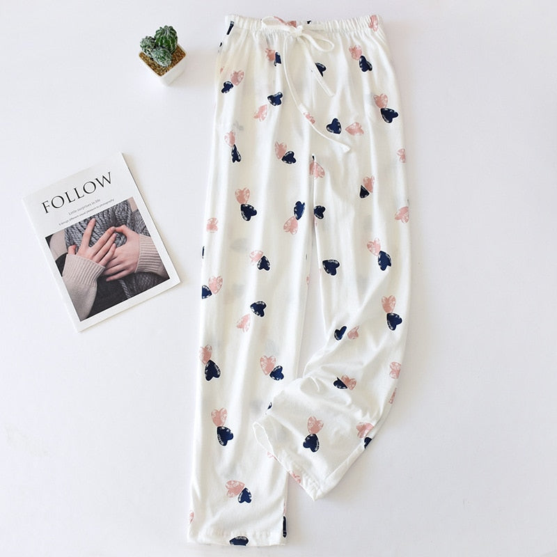 Japanese pajamas bottoms women's cotton spring and autumn trousers cotton knitted cotton home pants loose large size trousers