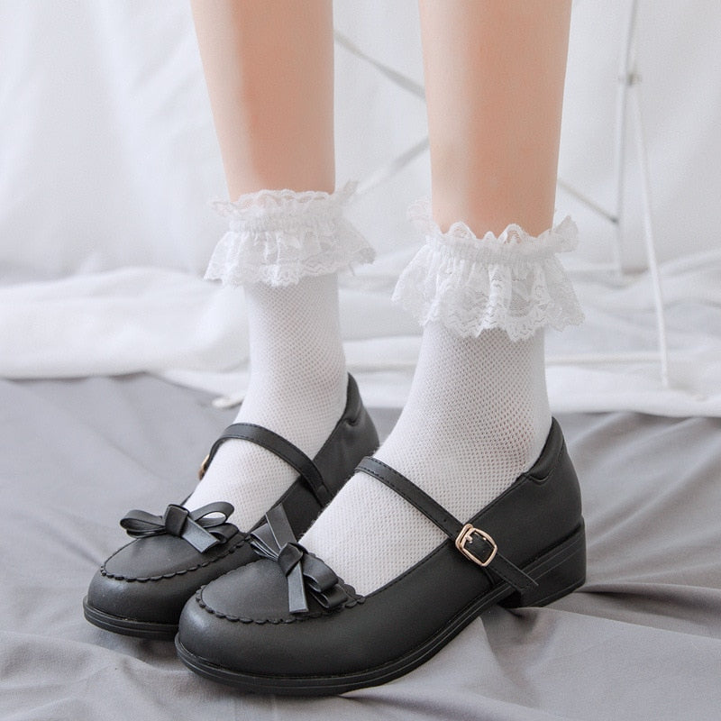 Aiertu  Women Lace Mesh Black White Cotton Socks Lolita Style Japanese Maiden Lovely Short Socks Harajuku Frilly Ruffle Princess Socks