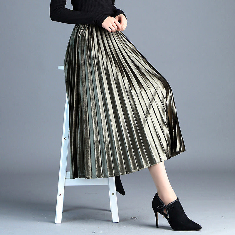 Retro Olive Velvet Pleated Skirt