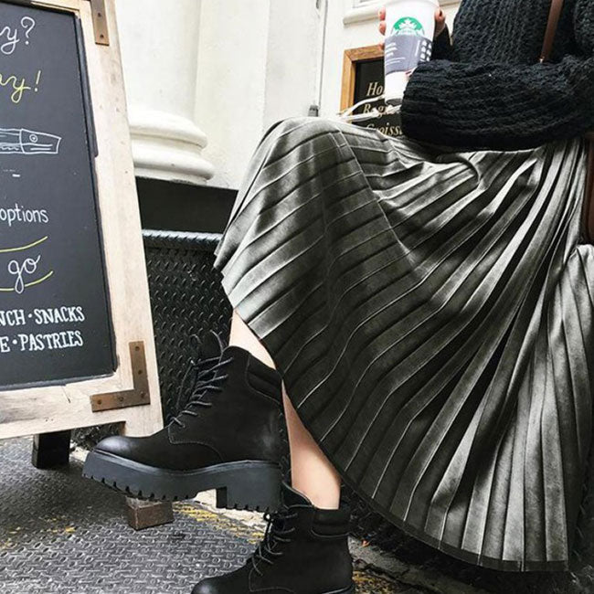 Retro Olive Velvet Pleated Skirt