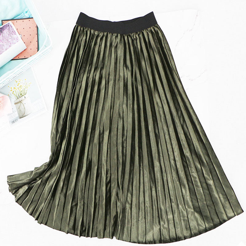 Retro Olive Velvet Pleated Skirt