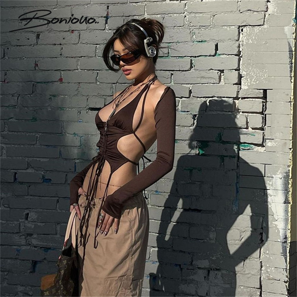 Boniouo Women Backless Long Sleeve T Shirts Fashion Streetwear Bandage Tee Shirst Female Tops Summer Y2K Crop Top Woman Outfits