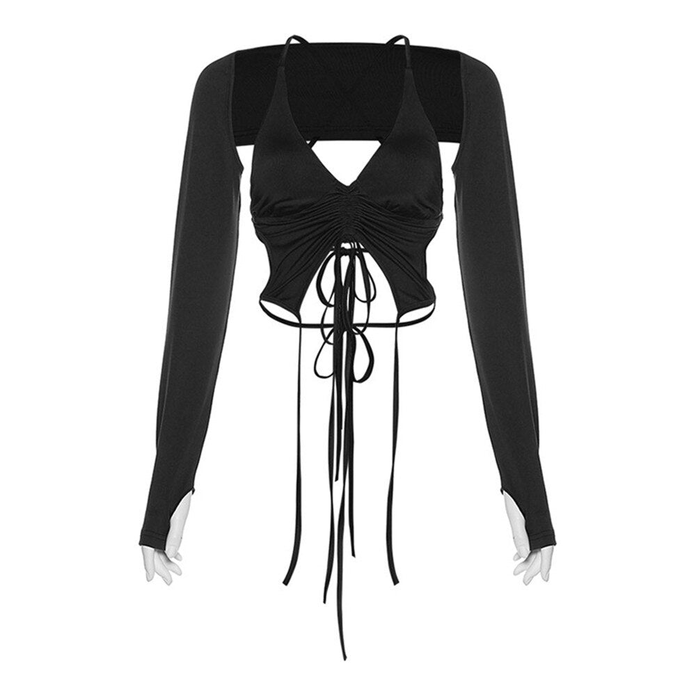 Boniouo Women Backless Long Sleeve T Shirts Fashion Streetwear Bandage Tee Shirst Female Tops Summer Y2K Crop Top Woman Outfits