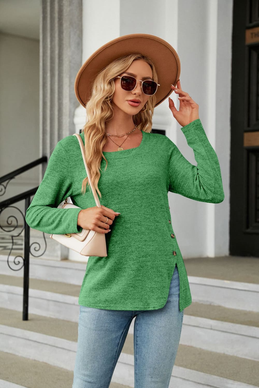 Square Neck Long Sleeve Slit T-Shirt