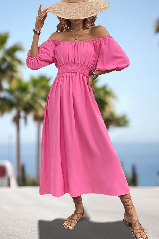 Square Neck Smocked Waist Puff Sleeve Midi Dress