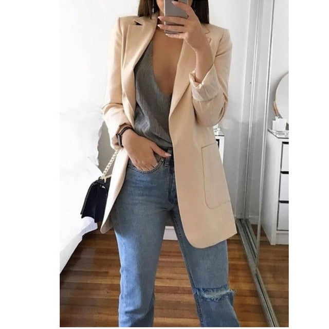 Anokhinaliza Women's Blazer jackets Spring Autumn Casual Plus Size Fashion Basic Notched Slim Solid Coats Office Ladies OutwearChic loosecoat