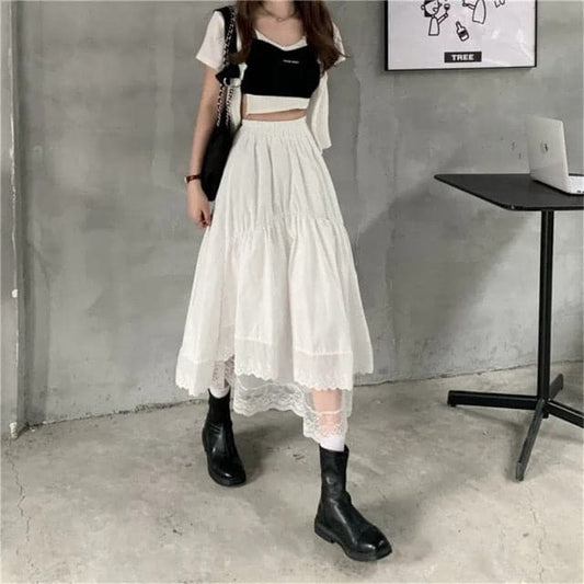 @Chuupiee — 90s Vintage Goth Lace Stitching Long Pleated Skirt