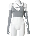 Cyber Punk Asymmetrical Strappy Long Sleeve Top