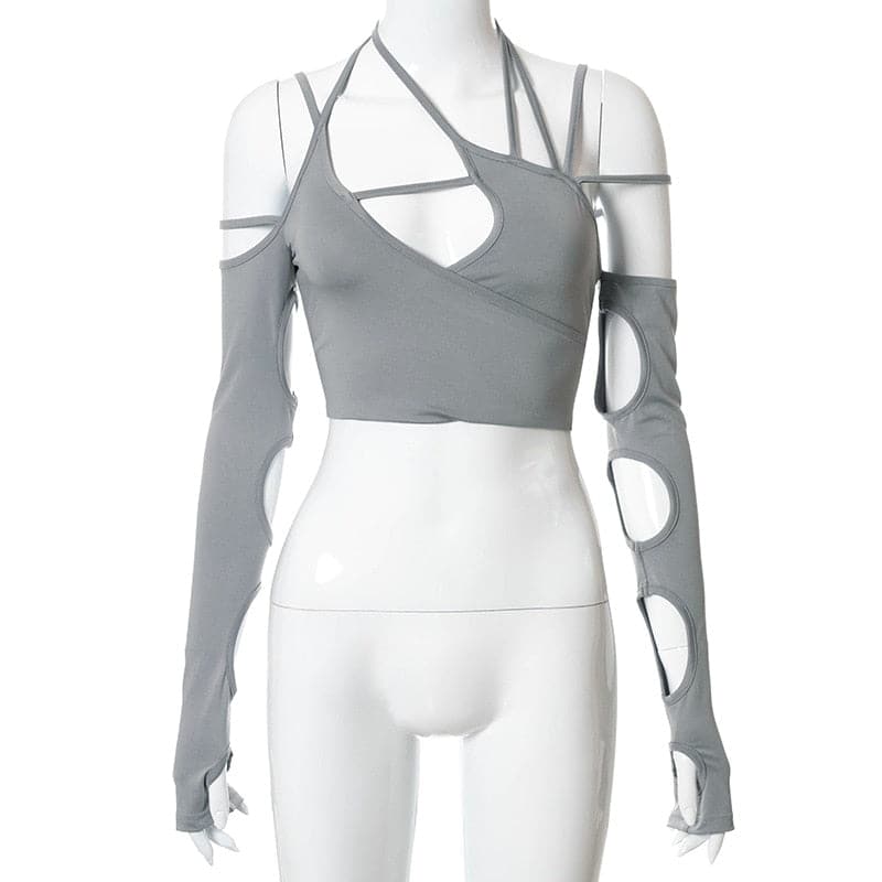 Cyber Punk Asymmetrical Strappy Long Sleeve Top