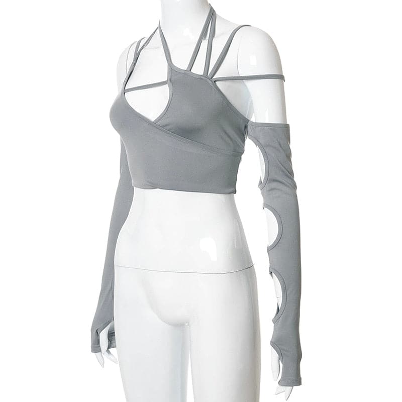 Cyber Punk Asymmetrical Strappy Long Sleeve Top