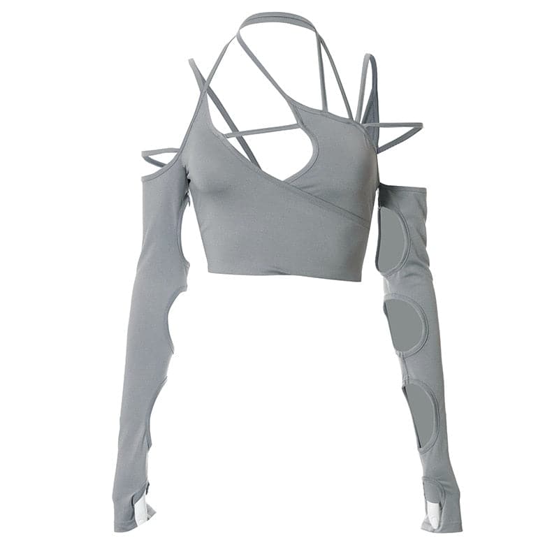 Cyber Punk Asymmetrical Strappy Long Sleeve Top
