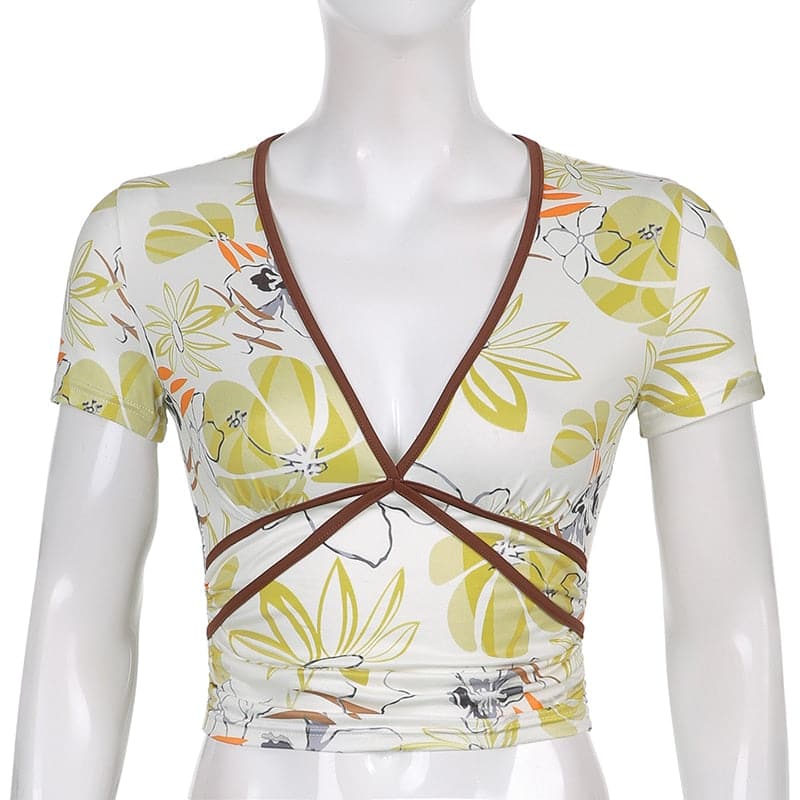 Y2K Floral Beach V-Neck Short Sleeve Top