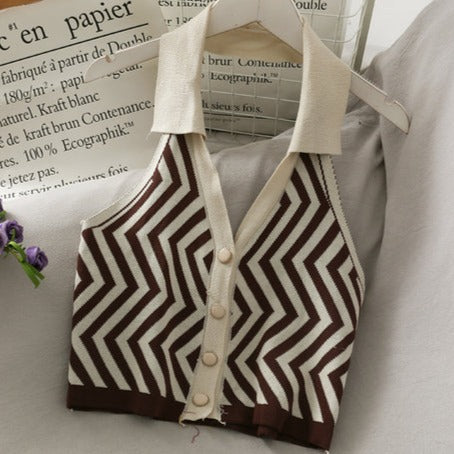 Striped Vest Turn-Down Collar Halter