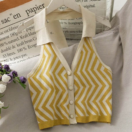 Striped Vest Turn-Down Collar Halter